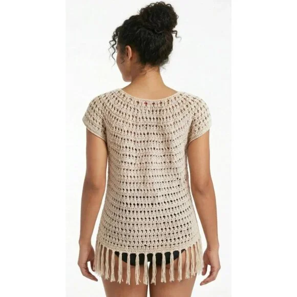 Ruby Rd. Women's Crochet Knit Fringe Tassel Hem Swim Cover-Up Top Size Medium - Picture 5 of 11